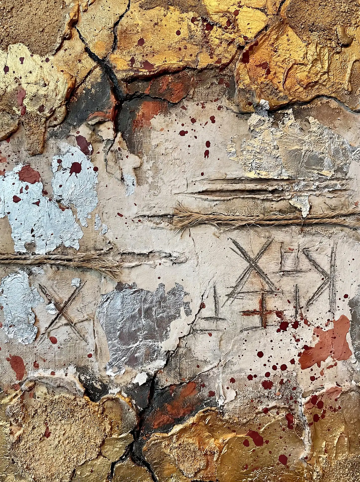Layered plaster, gold leaf, and coarse twine create a rugged surface featuring etched runes and deep red splatters. This mixed-media composition evokes the feeling of an archaeological discovery within a forgotten tomb or ritualistic space. Artwork by Constantine Cheshire