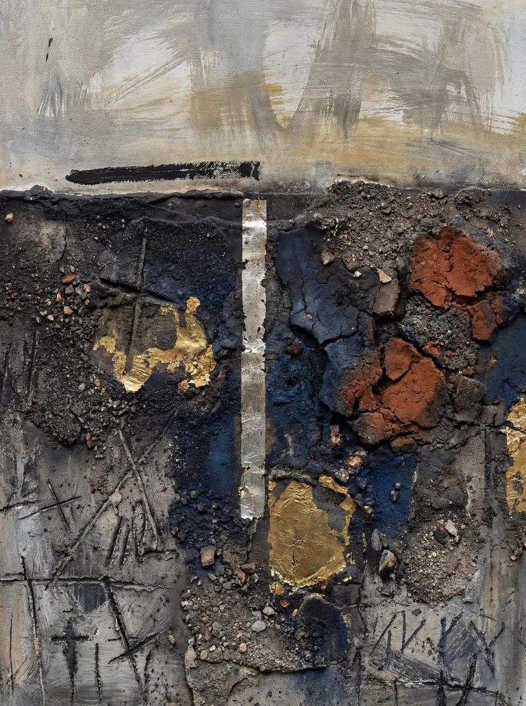 Deep charcoal and cool grey tones provide a somber backdrop for this heavily textured mixed media artwork. The composition features layered industrial materials, shimmering gold leaf, and a central silver metallic strip that evokes a sense of archaeological discovery and weathered urban decay. Artwork by Constantine Cheshire