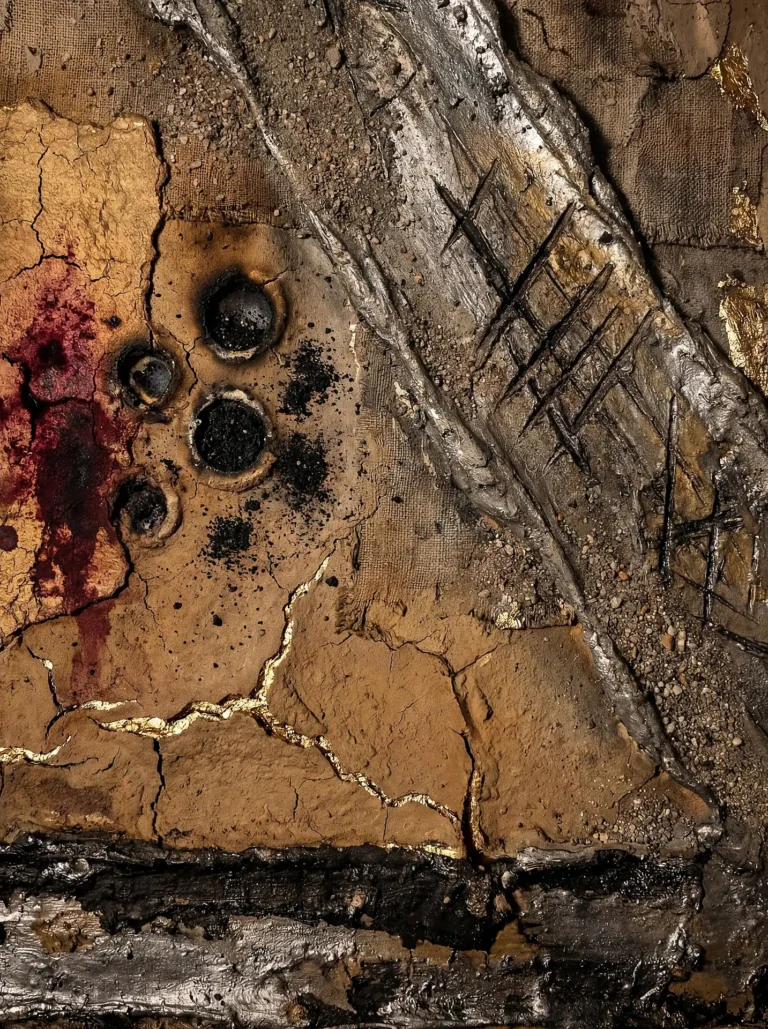 Layered textures of cracked earth, metallic silver ridges, and golden veins create a complex industrial abstract composition. This mixed media artwork features charred elements and deep red pigments against coarse burlap for a mood of aged decay and resilience. Artwork by Constantine Cheshire