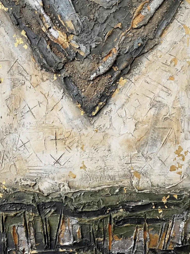 Moody and atmospheric, this piece features thick impasto layers of charcoal and olive paint accented with shimmering gold leaf flakes. The tactile surface is etched with primitive markings and deep crevices, suggesting a weathered ancient ruin or a rich geological formation. Artwork by Constantine Cheshire