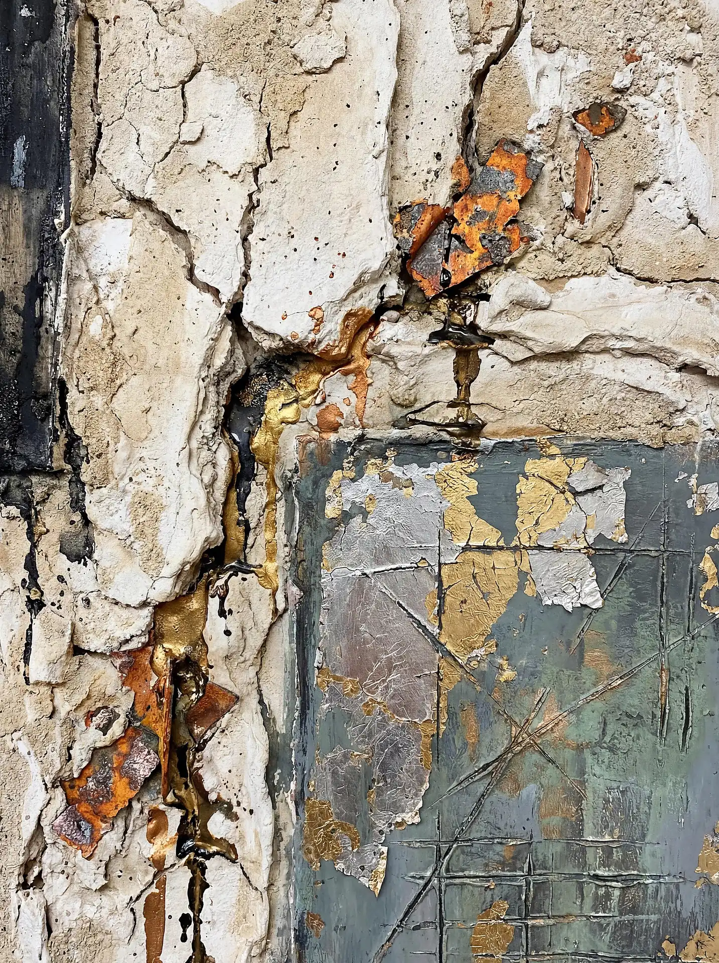 Muted earth tones and warm gold accents define this heavily textured mixed media artwork. This piece captures the essence of urban decay through crumbling plaster, metallic silver foils, and liquid gold dripping through deep, weathered fissures. Artwork by Constantine Cheshire