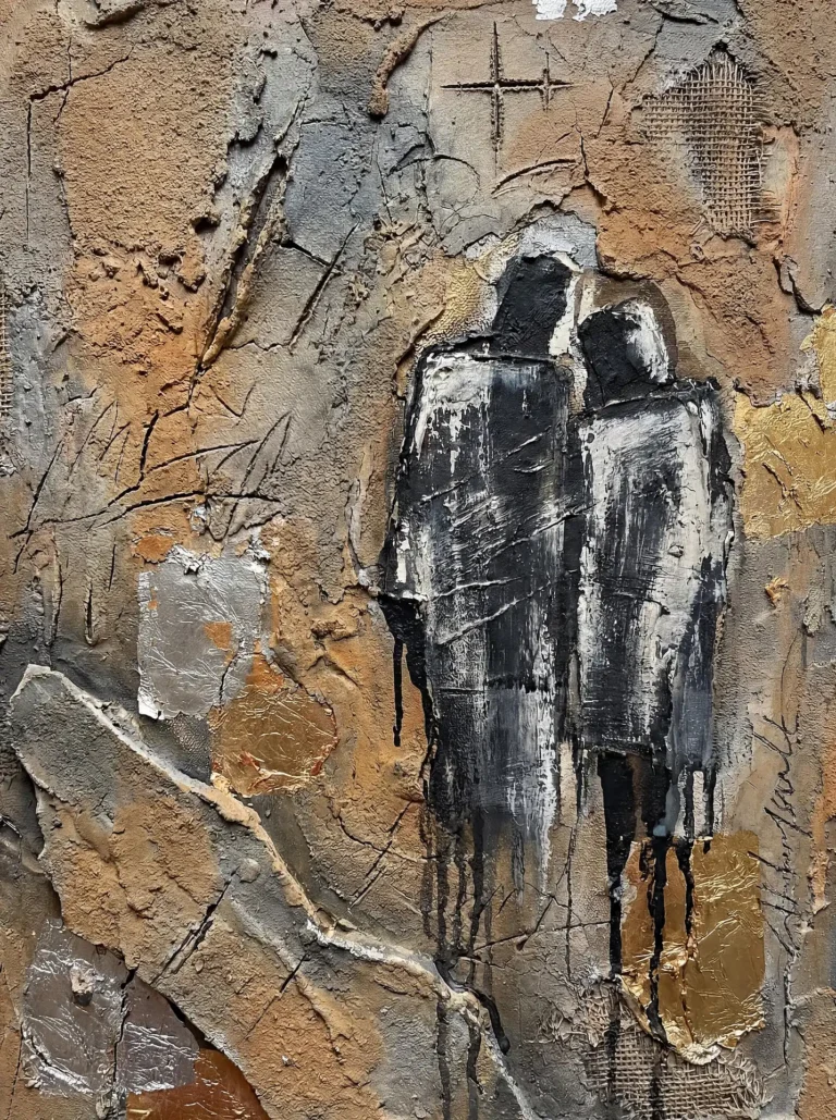 Two stylized figures in black and white paint emerge from a heavily textured mixed media canvas. This rugged composition features a weathered background of cracked plaster, embedded burlap mesh, and shimmering metallic foil in gold and silver to create a somber, industrial mood. Artwork by Constantine Cheshire