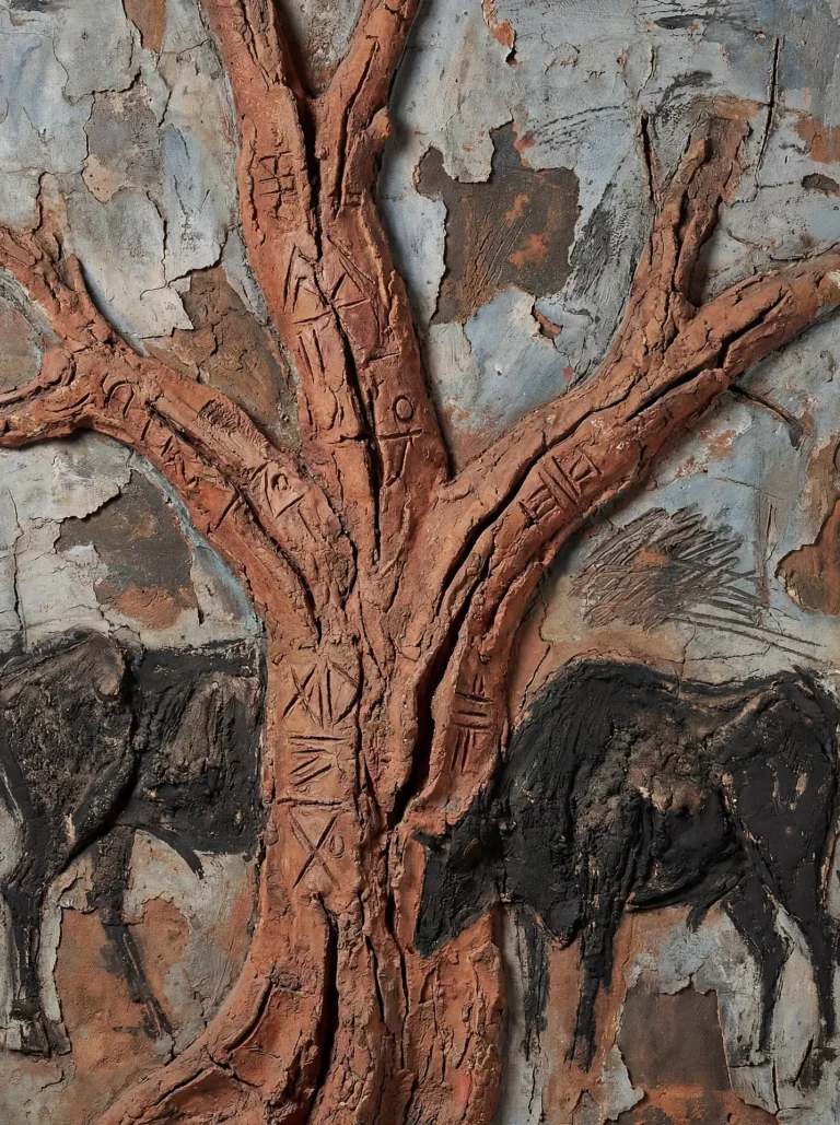 Coarse terracotta clay and cracked plaster form a rustic relief depicting a central tree flanked by dark bulls. The earthy red bark is etched with primitive symbols, set against a weathered blue-gray background to evoke a sense of ancient pastoral mythology. Artwork by Constantine Cheshire