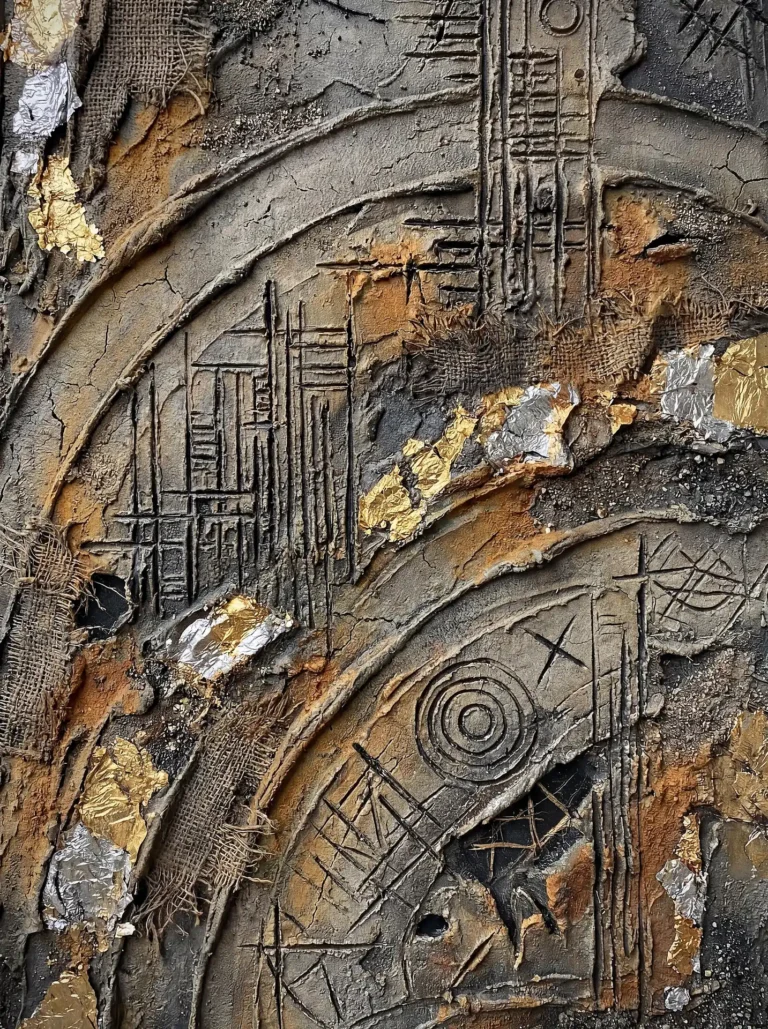 Flowing across the heavily textured surface, this mixed media collage combines weathered plaster with shimmering gold and silver leaf. Deeply incised geometric patterns and embedded burlap scraps create a gritty, industrial mood in shades of earthy ochre and slate gray. Artwork by Constantine Cheshire