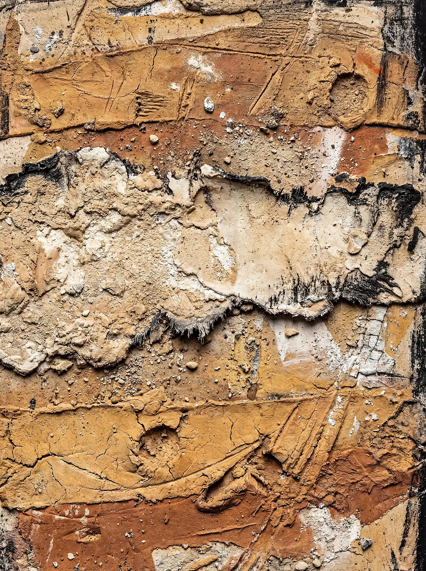 Textured ochre and terracotta mixed media artwork features heavy impasto layers, cracked clay surfaces, and raw organic materials. The composition uses a palette of warm earth tones accented by charcoal black and white highlights to create a gritty, archaeological aesthetic. Artwork by Constantine Cheshire