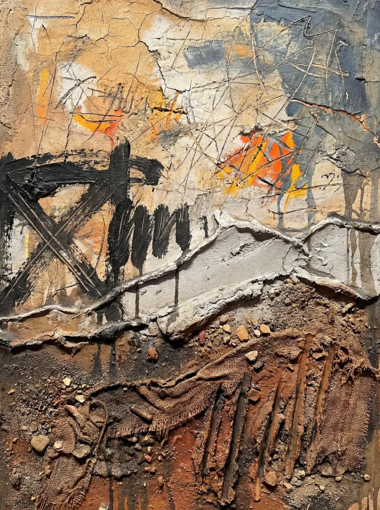 Sweeping across the canvas, this mixed media composition utilizes raw burlap, small pebbles, and cracked plaster to evoke a scarred industrial landscape. The palette of earthy browns and cool grays is punctuated by vibrant orange splashes and bold black gestural marks, creating a mood of rugged resilience and urban decay. Artwork by Constantine Cheshire