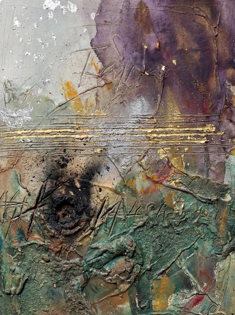 Layering of thick impasto paint and metallic foils creates a rich, multi-dimensional surface across this contemporary abstract piece. The composition features a striking contrast between deep purple washes and heavy green textures, punctuated by horizontal gold lines and a dark, scorched focal point. Artwork by Constantine Cheshire