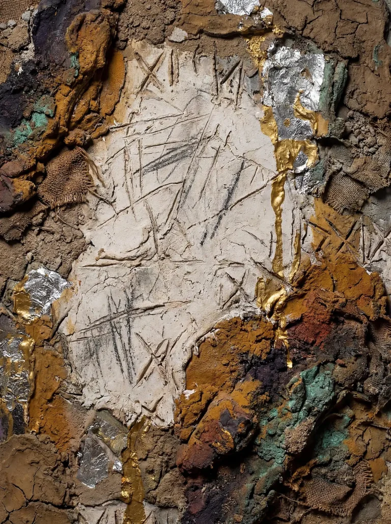 Heavy mud, cracked clay, and burlap textures frame a central white panel featuring scratched Roman numerals and metallic foil. Gold and silver accents drip through the earthy brown and ochre landscape to create a sense of ancient archaeological discovery and raw industrial expression. Artwork by Constantine Cheshire
