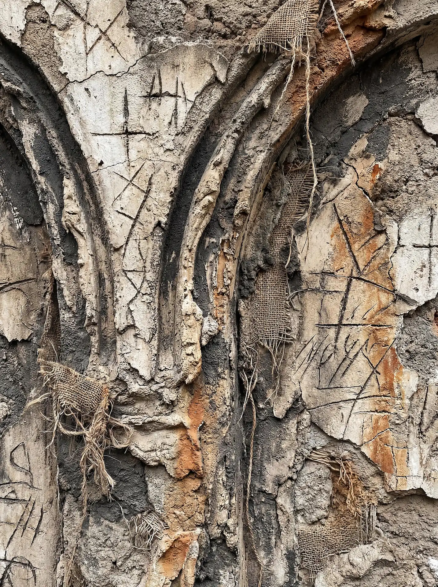 Muted earth tones and natural light highlight this crumbling plaster wall featuring tattered burlap and archaic carvings. The architectural arches and rough, peeling textures suggest a sense of ancient history or a meticulously crafted stage set for a historical drama. Artwork by Constantine Cheshire