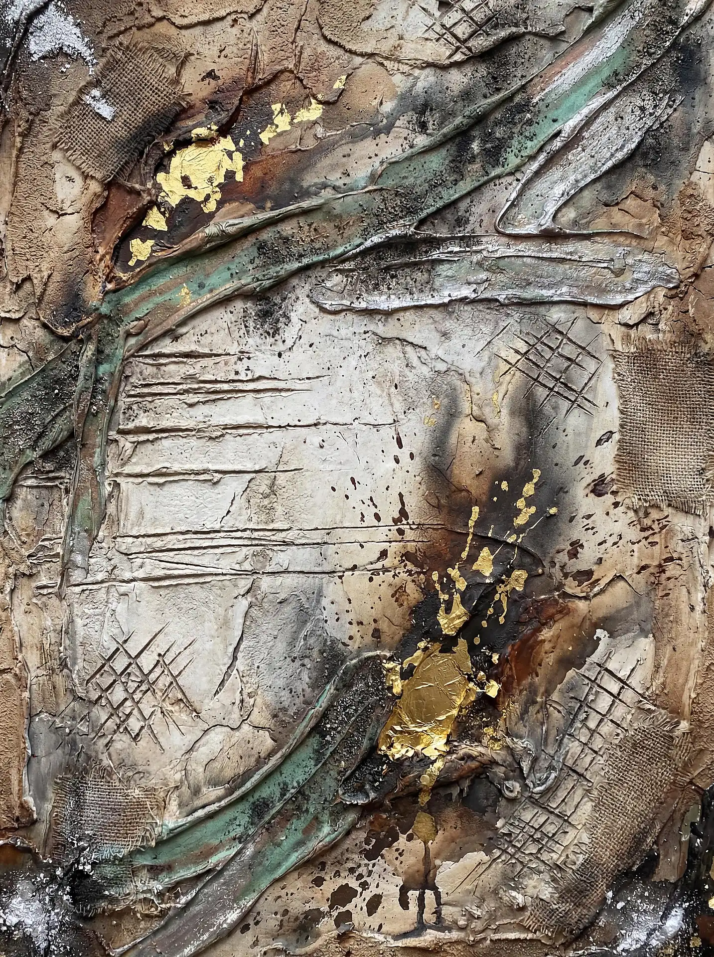 Coarse burlap, thick plaster, and delicate gold leaf create a rich tactile surface in this vertical abstract composition. This mixed media artwork features a weathered industrial palette of rust, teal, and beige, utilizing heavy impasto and metallic splatters to evoke an ancient, unearthed feeling. Artwork by Constantine Cheshire