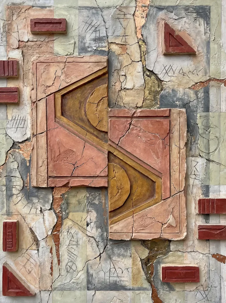 Layering and structured geometric shapes characterize this aged relief sculpture, showcasing cracked plaster surfaces in warm terracotta, ochre, and slate grey tones. This tactile piece evokes a sense of archaeological discovery through its etched symbols and heavily distressed textures. Artwork by Constantine Cheshire
