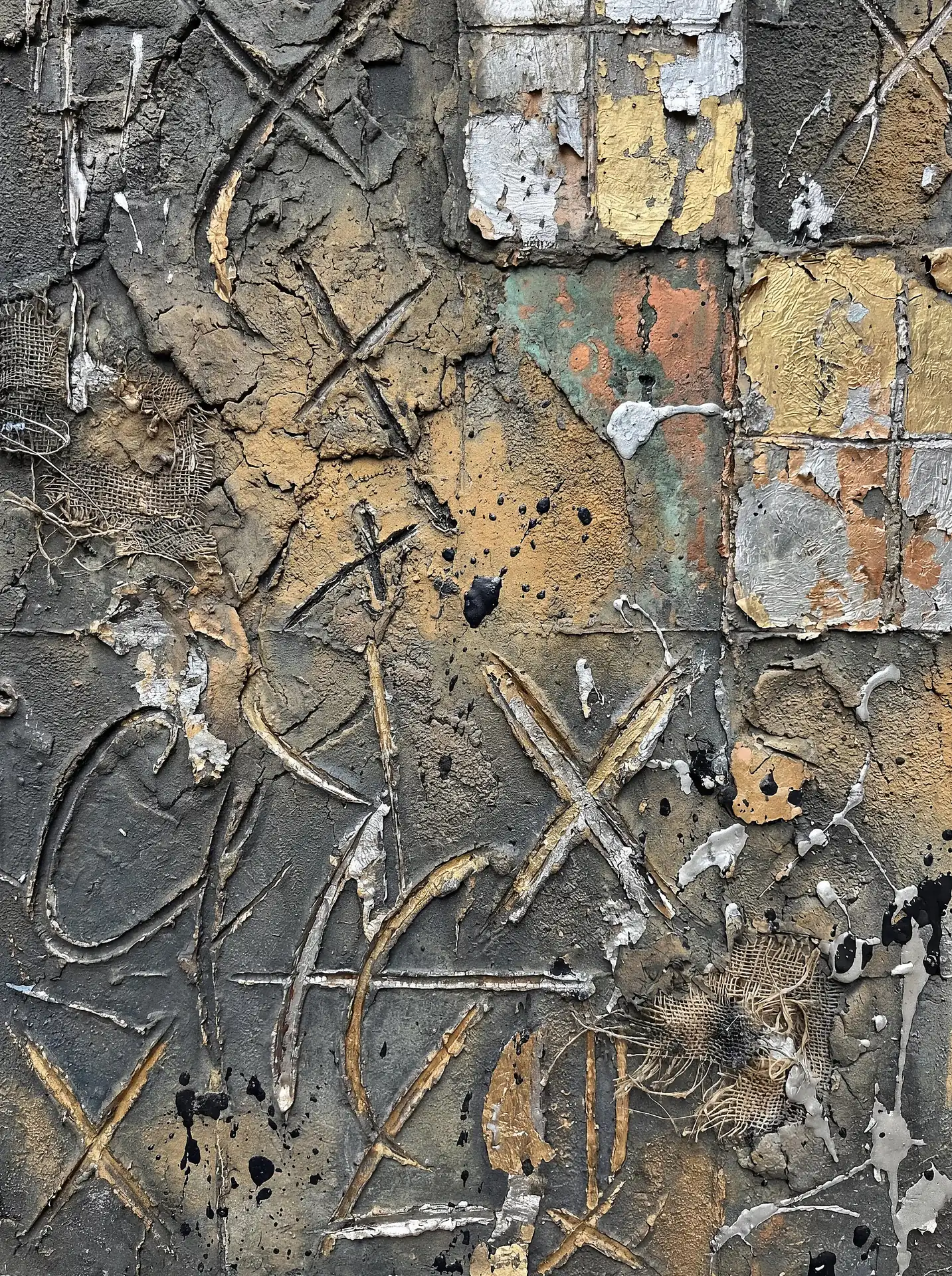 Scraped across the surface, these incised markings emerge from a rich tapestry of peeling gold leaf, burlap, and weathered concrete. This industrial abstract artwork blends metallic silver highlights with a distressed, gritty texture to evoke a sense of urban history and decay. Artwork by Constantine Cheshire