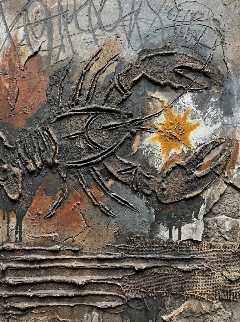 Reaching outward from the wall, a textured lobster relief commands attention against a gritty backdrop of burlap and distressed concrete. This urban mixed media piece combines earthy rust tones with a striking yellow sunburst to create a raw, industrial aesthetic. Artwork by Constantine Cheshire