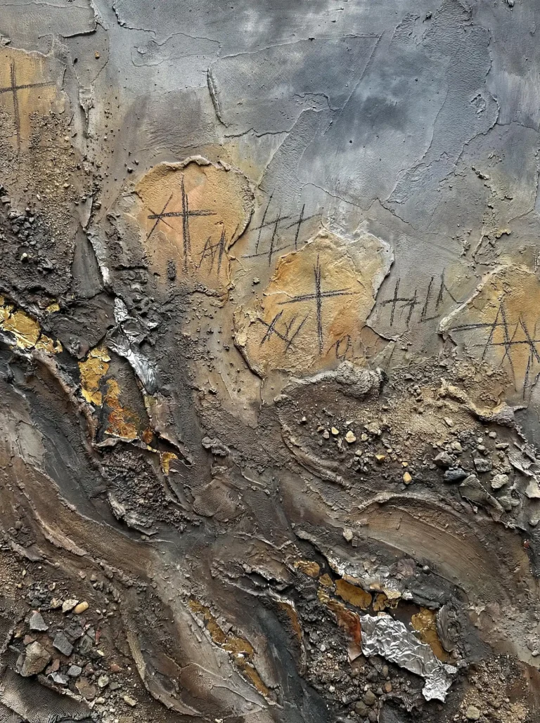 Thick layers of plaster, sand, and metallic foil create a heavily textured surface featuring hand-drawn crosses and tally marks. This gritty mixed-media composition blends earthy brown and cool gray tones to evoke a sense of ancient ruins or urban decay. Artwork by Constantine Cheshire