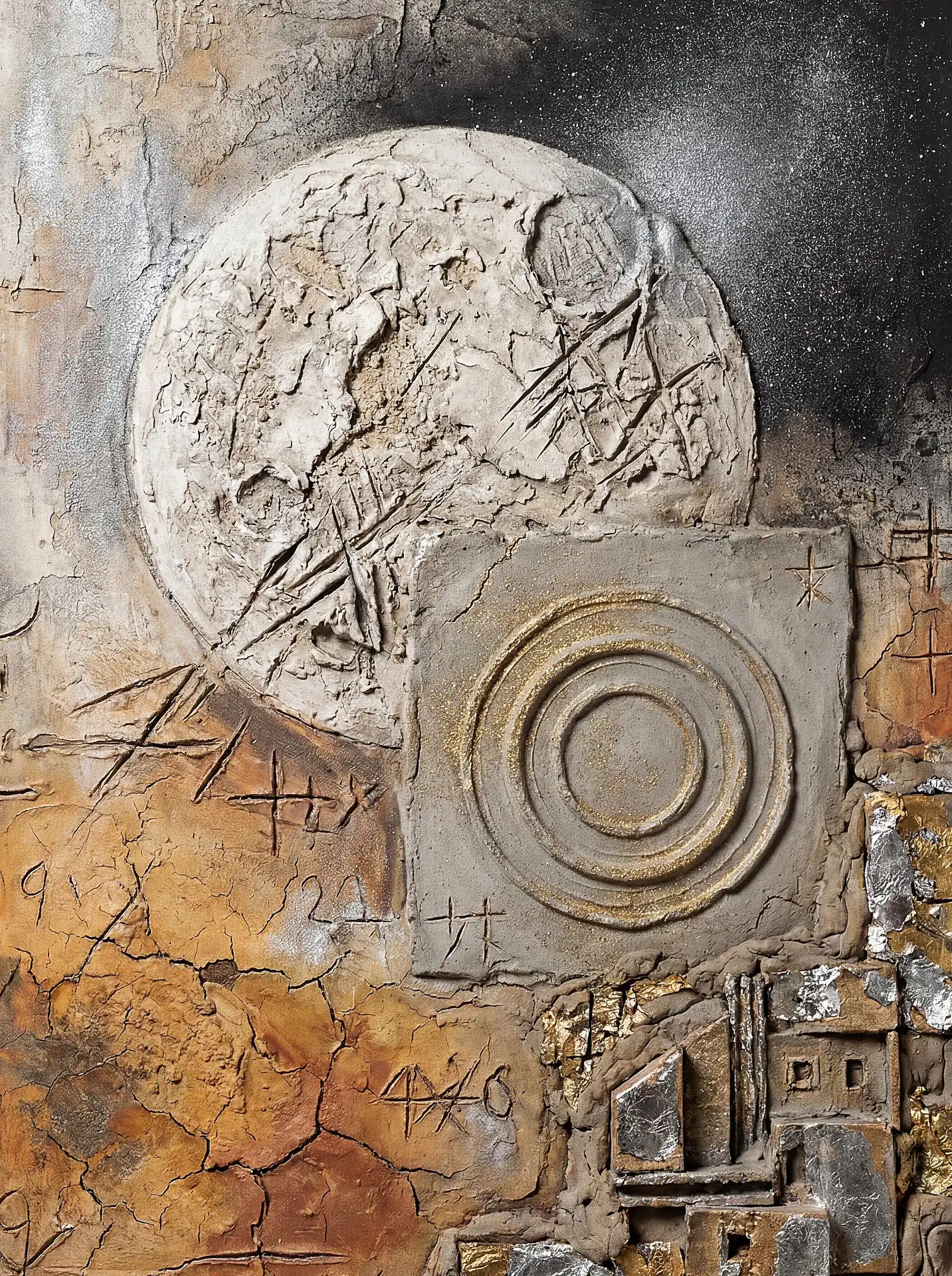 Enigmatic and ancient atmosphere defines this piece featuring a heavily textured plaster moon above concentric circles and metallic gold accents. This mixed media work blends industrial textures with cosmic symbolism through a palette of ochre, silver, and gold. Artwork by Constantine Cheshire