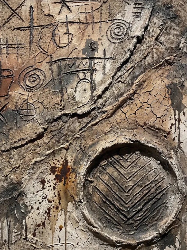 Abstract symbols and geometric carvings are rendered in a mixed media style using burlap, clay, and cracked plaster. This earth-toned composition features a tactile surface with spirals, crosses, and a prominent circular relief containing a chevron pattern. Artwork by Constantine Cheshire