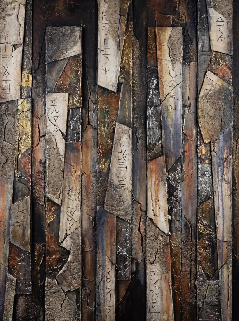 Cracked stone textures and gold leaf accents define this vertical relief composition featuring mysterious ancient symbols. The dark palette of slate, rust, and metallic gold creates a moody, archaeological atmosphere suitable for rustic or industrial interior design. Artwork by Constantine Cheshire