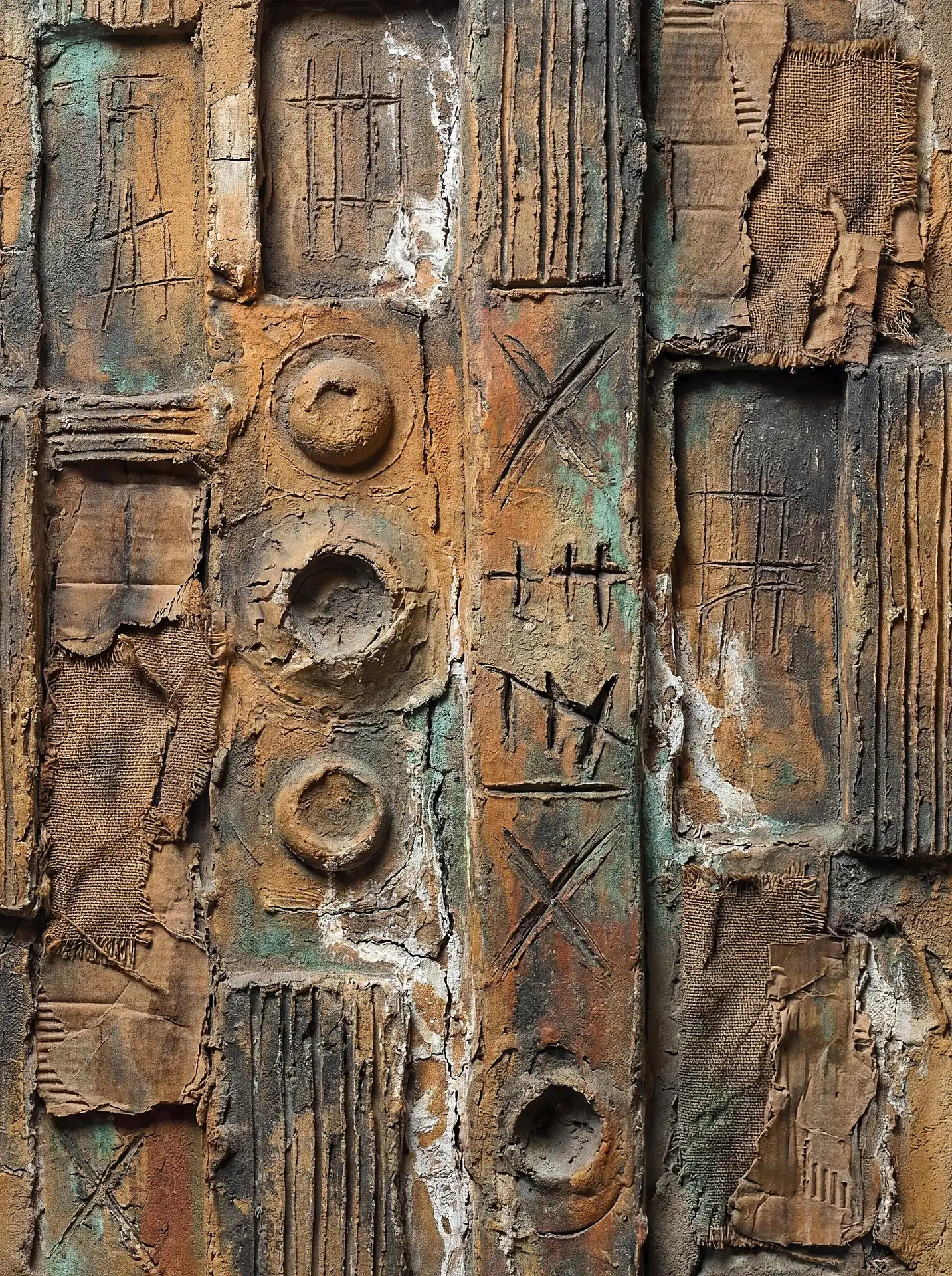 Earthy terracotta and oxidized teal tones wash over this complex mixed media relief composed of cardboard and burlap. Hand-carved symbols and tally marks add an archaeological depth to the rugged, industrial texture of the piece. Artwork by Constantine Cheshire