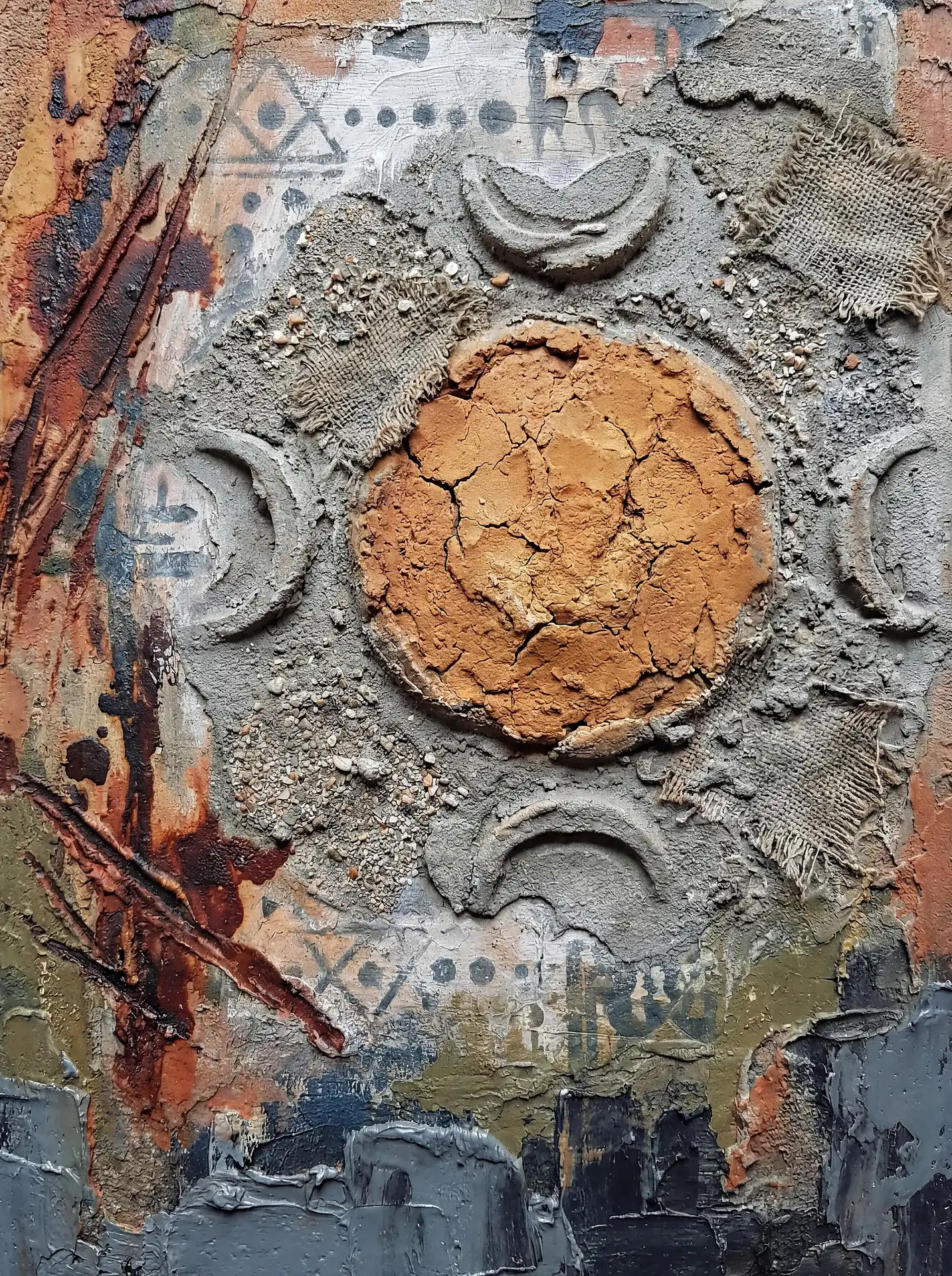 Emerging from a gritty surface, a cracked terracotta sun center is framed by raised concrete crescents and frayed burlap scraps. This tactile mixed media piece combines primitive geometric symbols with heavy impasto textures in shades of rust, charcoal, and stone grey to create an ancient, weathered atmosphere. Artwork by Constantine Cheshire