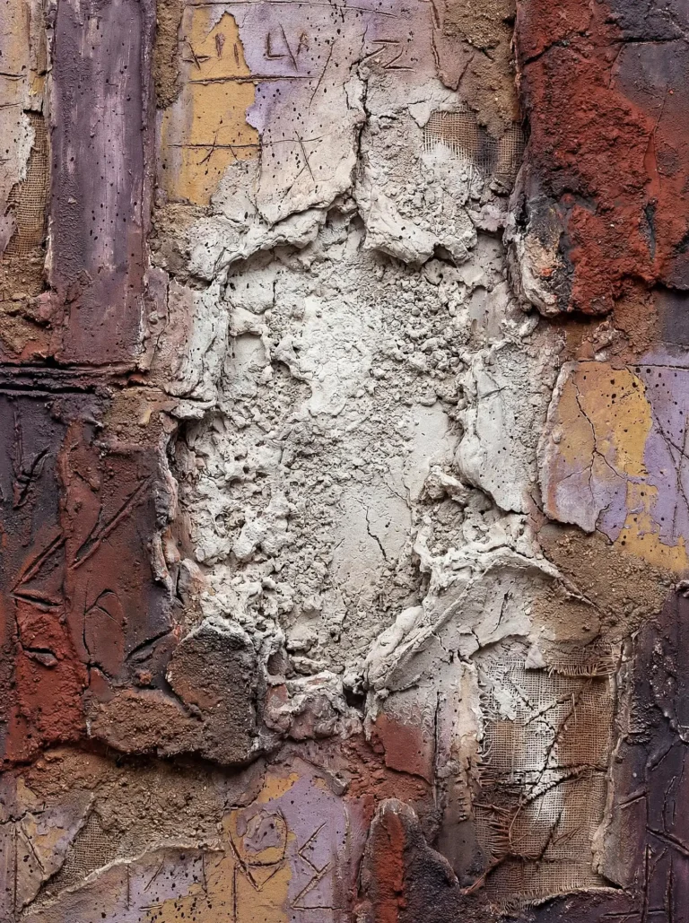 Peeling plaster and layered cement form a gritty abstract composition in this mixed media piece. The artwork features a palette of terracotta, muted purple, and ochre with visible burlap textures and carved markings for an industrial, weathered aesthetic. Artwork by Constantine Cheshire