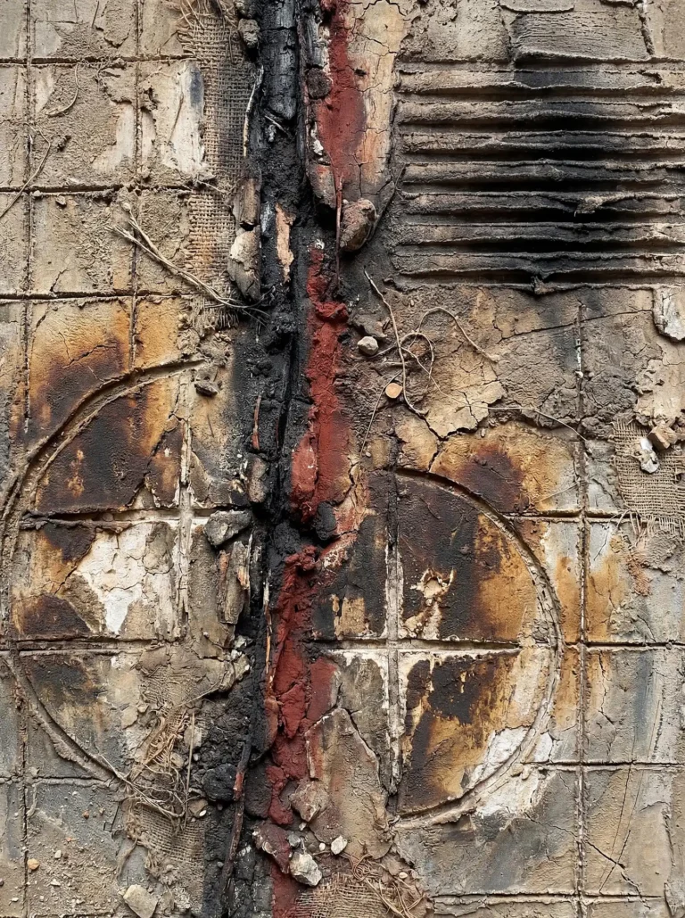 Layered vertical elements and a geometric grid define this mixed media abstract piece featuring cracked earth and burlap. Deep red pigments and charred black textures create a rugged, industrial mood with a tactile, weathered surface. Artwork by Constantine Cheshire