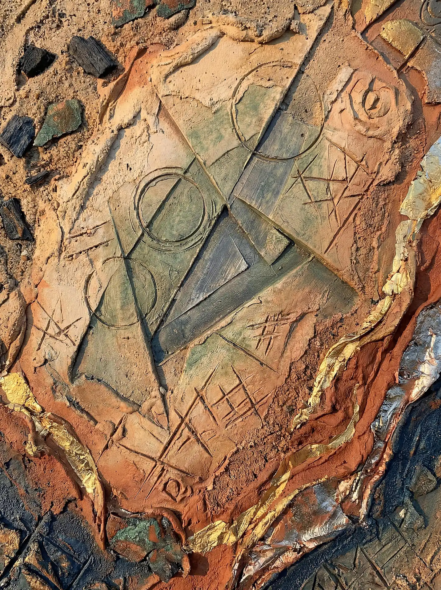 Warm golden highlights catch on the edges of this textured clay relief, revealing intricate geometric carvings and metallic foil. This mixed-media artwork combines earthy terracotta tones with primitive symbols and charcoal fragments for a rustic, archaeological aesthetic. Artwork by Constantine Cheshire