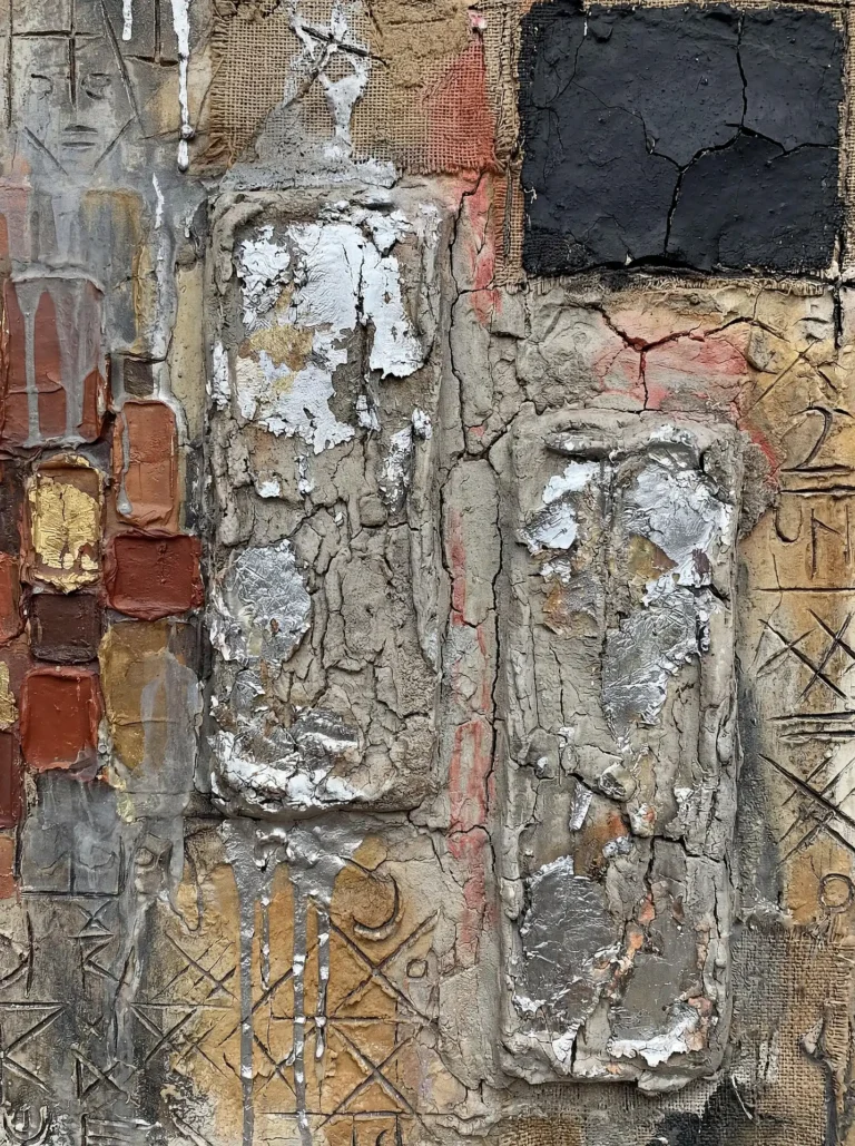 Primitive symbols and silver leaf blocks emerge from this textured mixed media artwork created with cracked clay and burlap. The composition features earthy tones of ochre and sienna contrasted against metallic foil and a deep black cracked square for a weathered, archaeological feel. Artwork by Constantine Cheshire