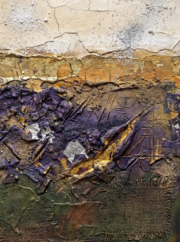 Layered horizontal bands of texture create an archaeological feel through cracked cream plaster, metallic gold leaf, and deep purple impasto. Dark green burlap patches and silver accents ground the composition in a raw, tactile aesthetic that suggests both luxury and decay. Artwork by Constantine Cheshire