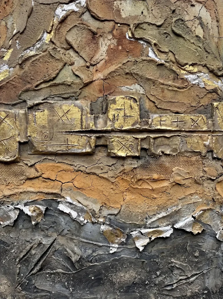 Ancient and weathered atmosphere defines this mixed media relief featuring thick layers of cracked earth and metallic accents. The tactile composition combines industrial materials like burlap and plaster with delicate gold leaf and hand-etched symbols. Artwork by Constantine Cheshire