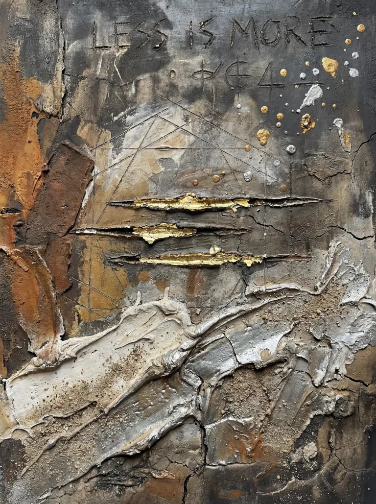 Layered textures and scratched geometric shapes create a complex, industrial backdrop for the engraved minimalist phrase. This contemporary mixed media piece features heavy impasto in silver and gold over a dark, cracked surface with metallic splatters and earthy tones. Artwork by Constantine Cheshire