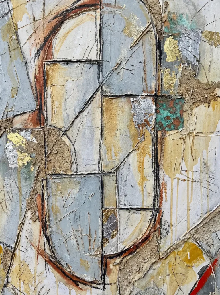 Muted blues and sandy beiges define this mixed media abstract featuring geometric shapes and weathered textures. Gold and silver leaf highlights add a metallic sheen to the layered, industrial-inspired composition. Artwork by Constantine Cheshire