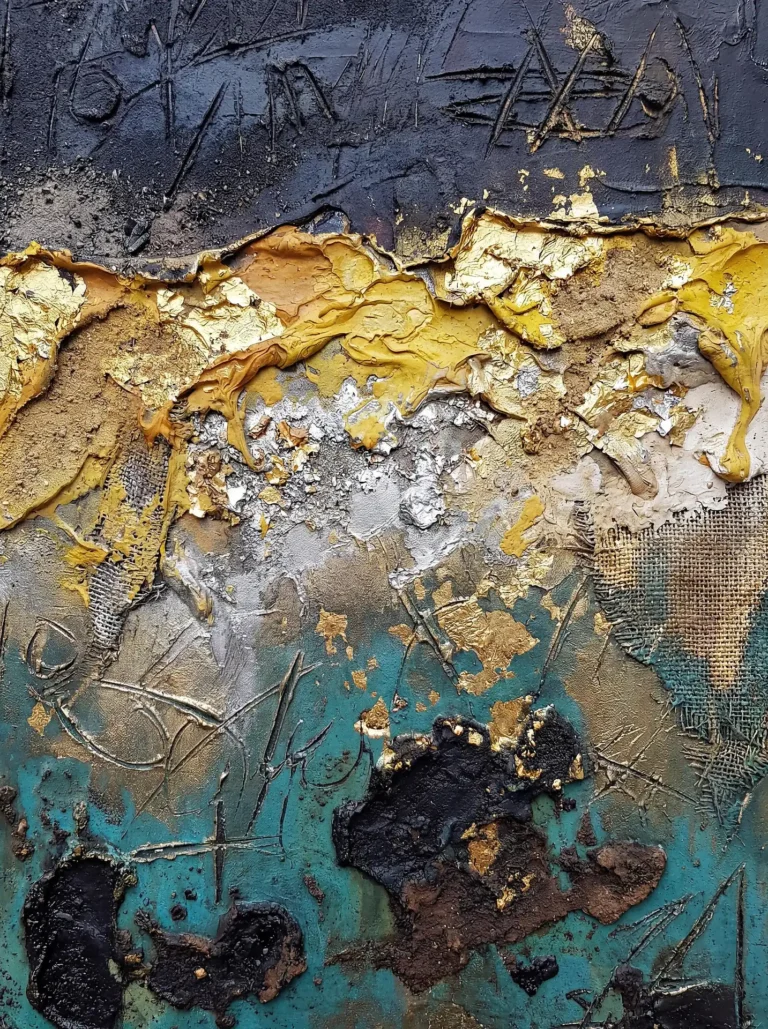 Sophisticated and raw atmosphere defines this abstract composition featuring heavy impasto textures, metallic gold leaf, and woven mesh details. The contrast between deep charcoal tones and vibrant turquoise creates a luxurious industrial aesthetic perfect for modern interior inspiration. Artwork by Constantine Cheshire