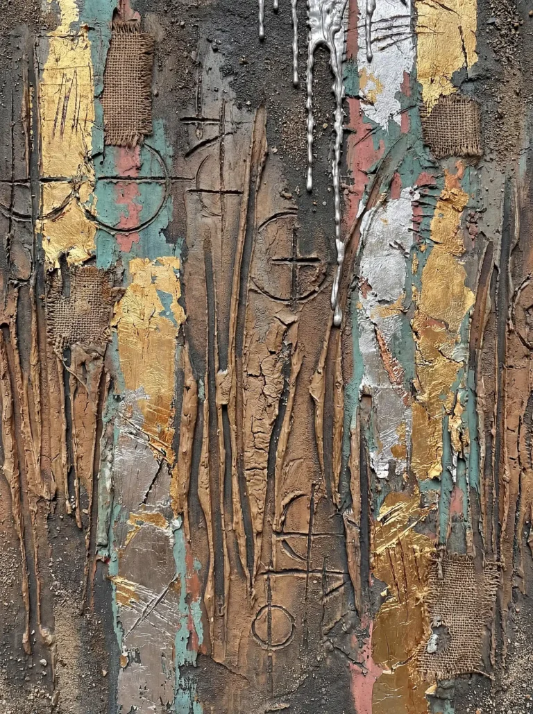 Vertical layering of textured plaster and metallic leaf creates a complex industrial surface. This mixed media artwork features gold and silver foil, burlap fragments, and incised alchemical symbols over a gritty background of teal and earthy brown. Artwork by Constantine Cheshire