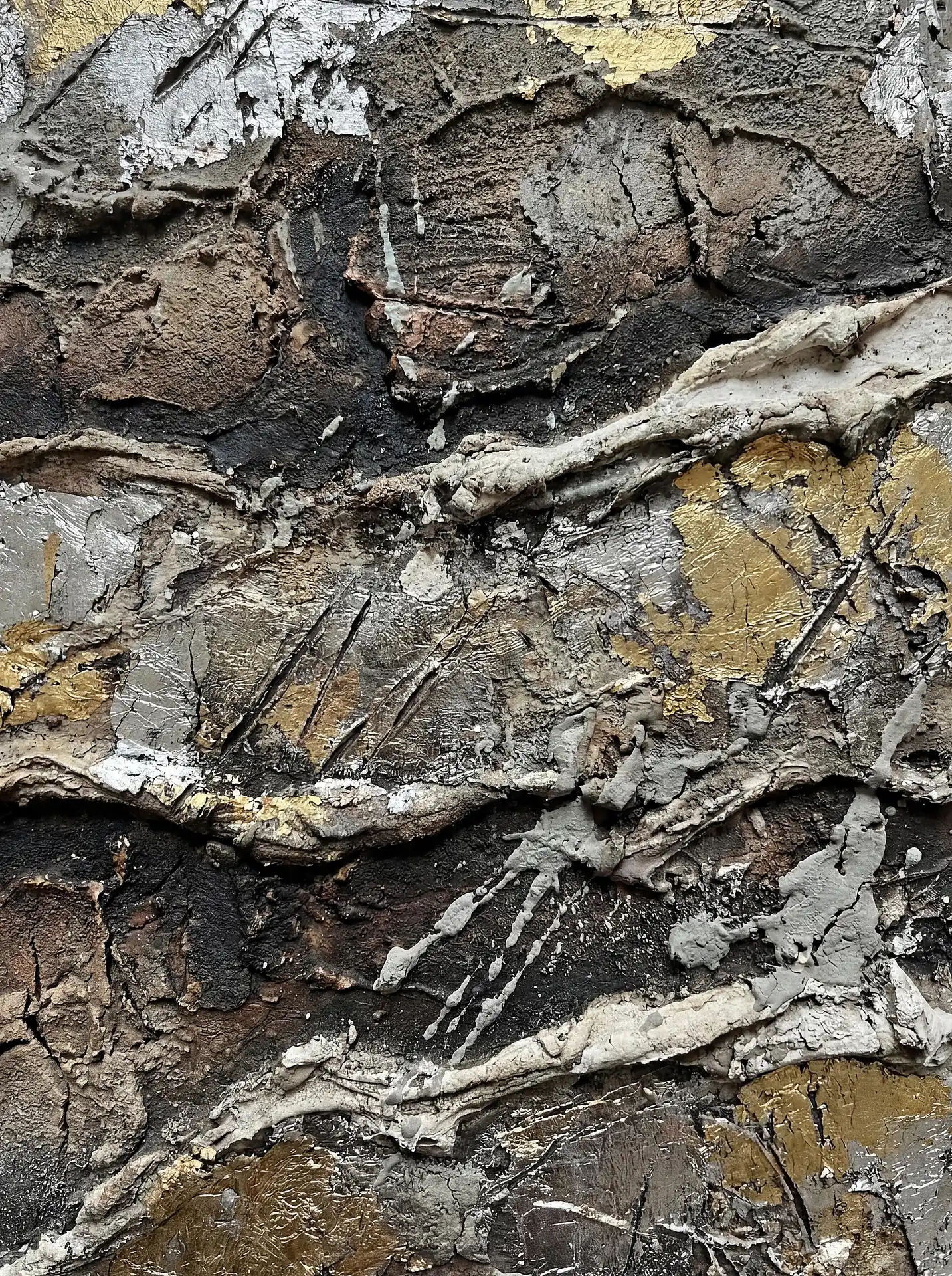 Sweeping across the canvas, this industrial abstract piece features heavy impasto layers and weathered metallic leaf. The dark earthy tones provide a grounded base for the shimmering gold and silver highlights, creating a rich tactile experience of light and shadow. Artwork by Constantine Cheshire