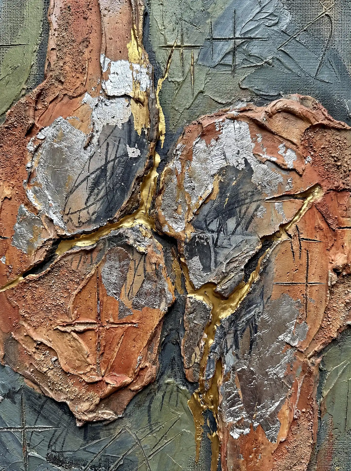Layered textures and organic shapes define this mixed-media composition featuring thick impasto strokes and metallic foil accents. Warm terracotta and cool sage green tones are punctuated by scratched symbolic markings and a golden central vein reminiscent of kintsugi art. Artwork by Constantine Cheshire