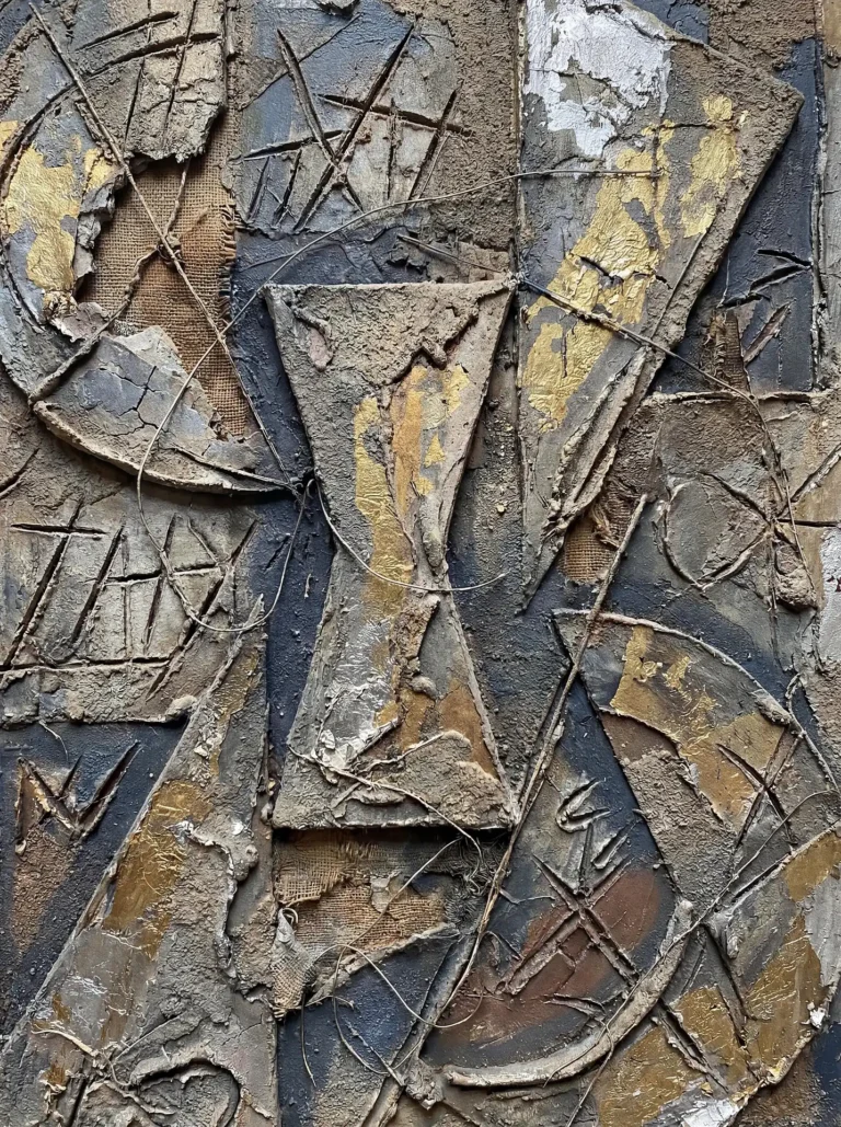 Plaster, burlap, and gold leaf create a rugged, tactile surface in this complex abstract relief. The composition features central hourglass and crescent motifs surrounded by incised lines and metallic accents on a dark, layered background. Artwork by Constantine Cheshire
