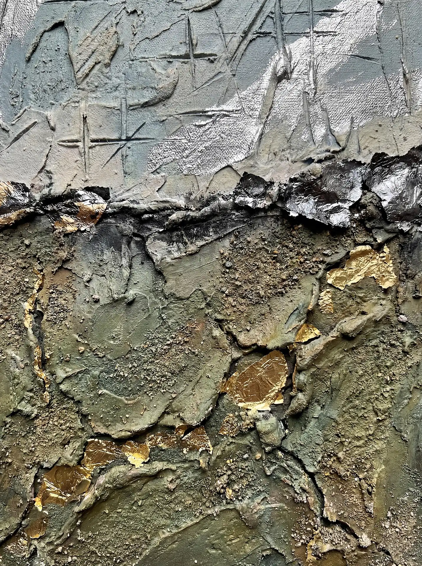 Sweeping across the canvas, this mixed media painting layers heavy green impasto with shimmering gold and silver leaf. The industrial aesthetic features scratched grey textures and dark, gritty earthy tones to create a moody, tactile contemporary artwork. Artwork by Constantine Cheshire