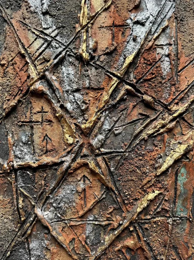 Golden highlights and deep shadows define this heavily textured mixed media artwork featuring metallic ridges and etched symbols. The piece combines earthy copper and rust tones with shimmering silver and gold accents to create a rugged, industrial aesthetic. Artwork by Constantine Cheshire