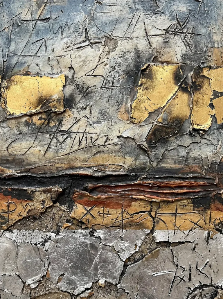 Cool grey and shimmering metallic tones highlight this textured abstract artwork featuring layered gold leaf and primitive etched symbols. The piece utilizes a heavy impasto technique and cracked plaster effects to create a weathered, industrial aesthetic. Artwork by Constantine Cheshire