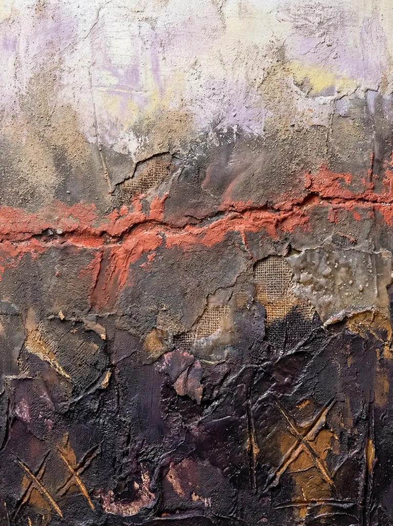 Layered textures of peeling plaster and exposed burlap mesh create a raw, industrial aesthetic in this mixed media artwork. The piece features a dark purple base transitioning to a pale lilac sky, punctuated by a bold, horizontal orange fissure and tactile impasto details. Artwork by Constantine Cheshire