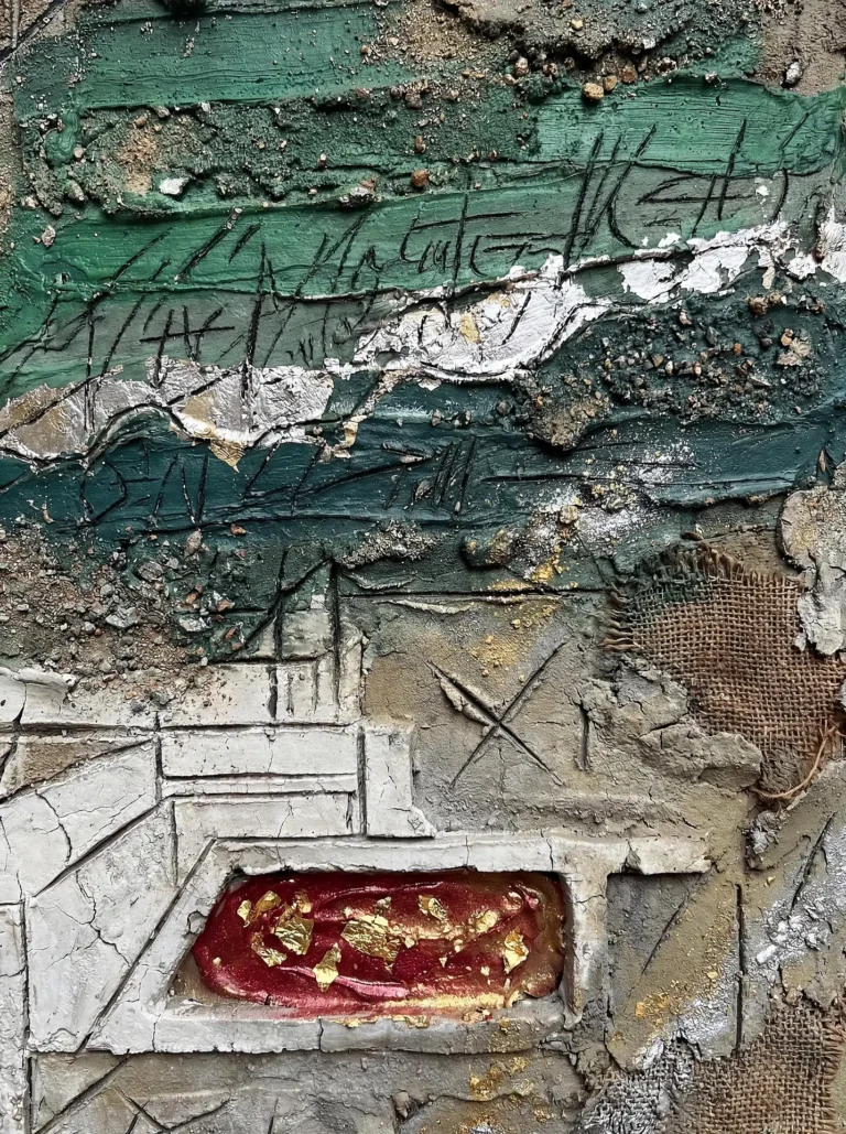 Layered and textured composition featuring a rugged arrangement of plaster, green pigment, and burlap. This contemporary piece combines gritty industrial elements with a striking red focal point and delicate gold leaf accents for a sophisticated, weathered aesthetic. Artwork by Constantine Cheshire