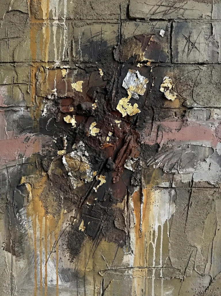 Coarse plaster, thick impasto paint, and delicate gold leaf combine on a grid-textured surface to create a sense of urban decay. This mixed media piece balances dark, earthy tones with shimmering metallic highlights and energetic vertical drips. Artwork by Constantine Cheshire