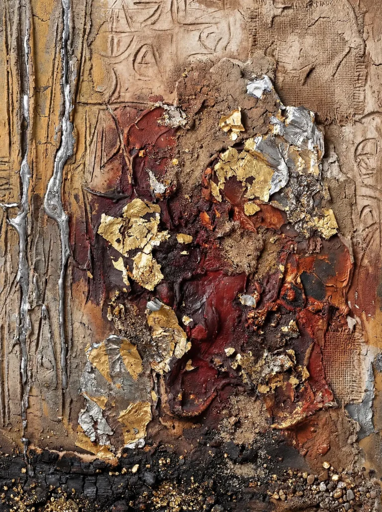 Textured mixed media relief featuring gold and silver leaf layered over deep red impasto and carved earth-toned surfaces. This abstract artwork creates a sense of archaeological discovery through its heavy application of metallic foils, charcoal, and industrial silver drips. Artwork by Constantine Cheshire