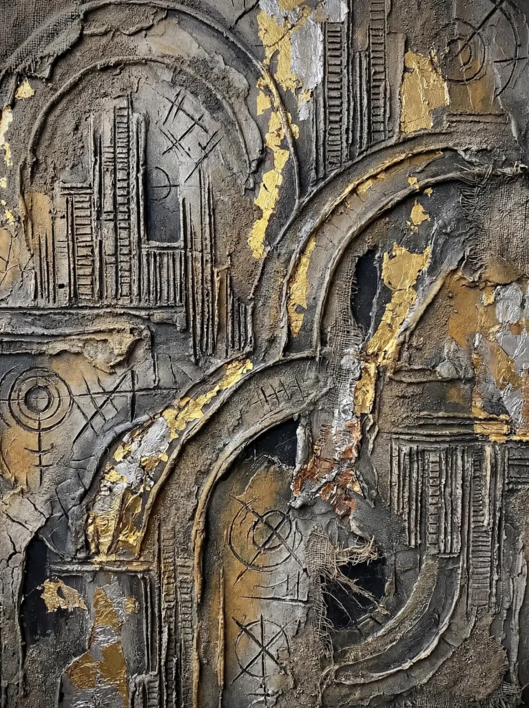 Layering of heavy textures and metallic foils creates a sense of ancient ruins or a futuristic industrial landscape. This mixed media artwork utilizes gray tones, silver accents, and carved geometric symbols to evoke a mood of archaeological mystery and sophisticated industrial design. Artwork by Constantine Cheshire