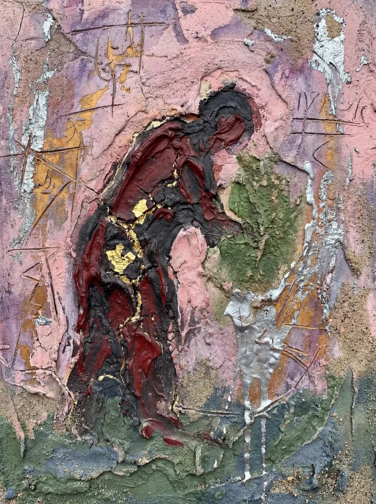Layering of thick impasto paint and metallic accents creates a deeply textured silhouette of a bending figure against a weathered pink backdrop. This expressionist piece uses dark red, gold leaf, and silver to evoke a sense of ancient spiritual contemplation and tactile artistry. Artwork by Constantine Cheshire