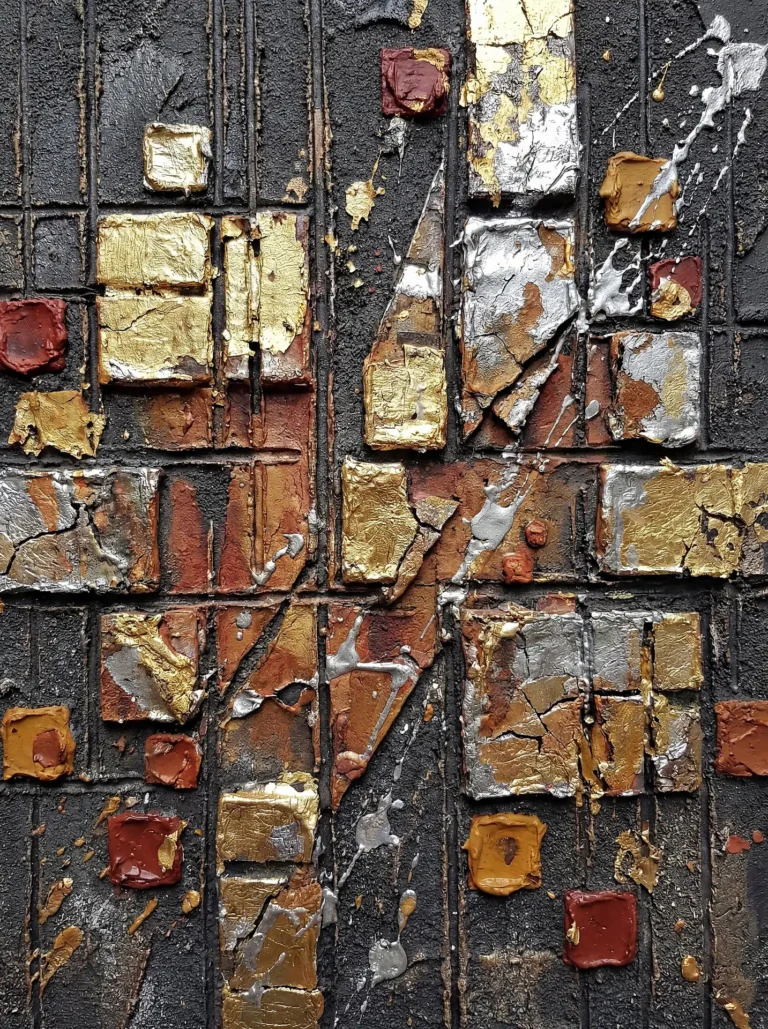 Layering and grid-like structures define this abstract mixed media painting, which features fractured gold and silver leaf squares against a heavily textured charcoal background. The composition uses metallic foils, red clay accents, and vertical incisions to create a rugged, industrial aesthetic with a sense of geologic decay and luxury. Artwork by Constantine Cheshire