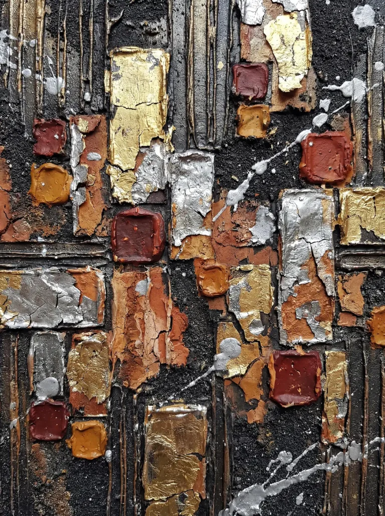 Shimmering gold and silver metallic accents highlight the rugged, deeply textured surface of this industrial abstract piece. Earthy terracotta squares and cracked metallic leaf patterns create a sense of weathered luxury against a dark, gritty background. Artwork by Constantine Cheshire