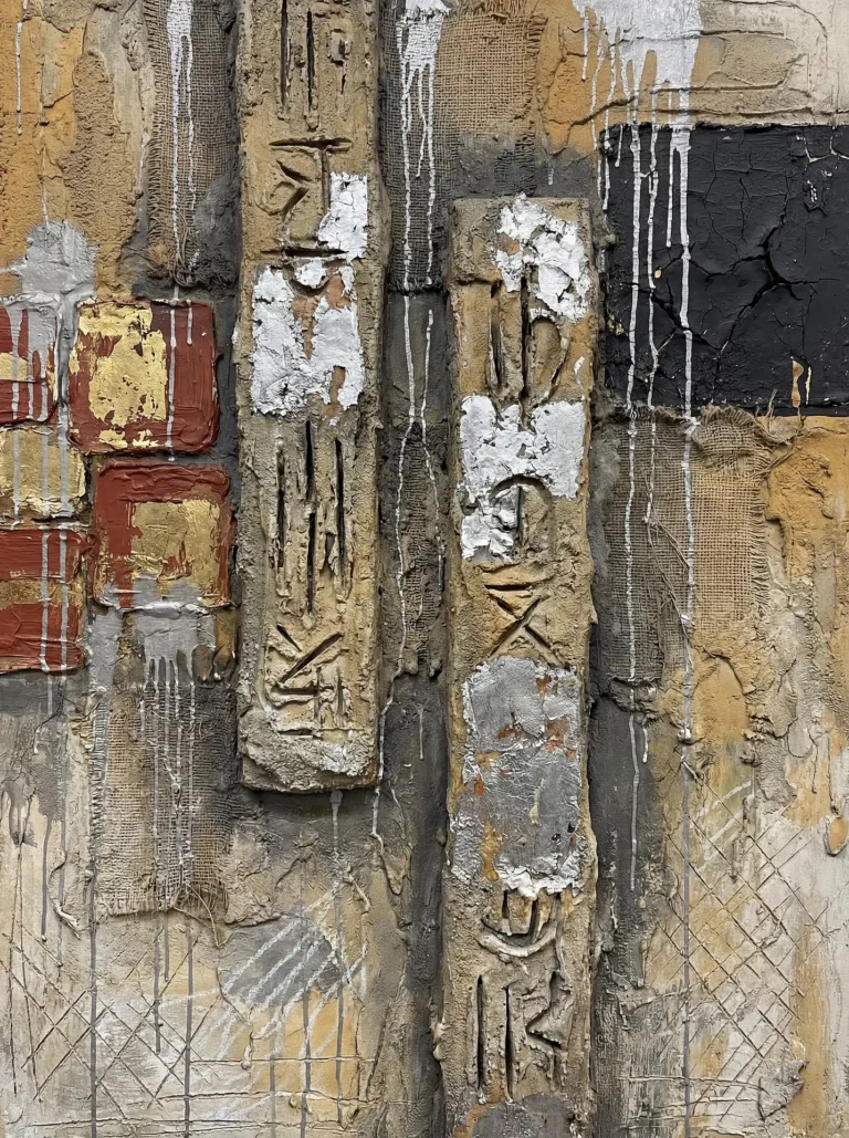 Earthy ochre and muted beige tones define this textured mixed media piece featuring carved stone-like pillars and metallic silver accents. This industrial composition utilizes burlap, dripping paint, and heavy impasto to create a weathered, ancient aesthetic. Artwork by Constantine Cheshire