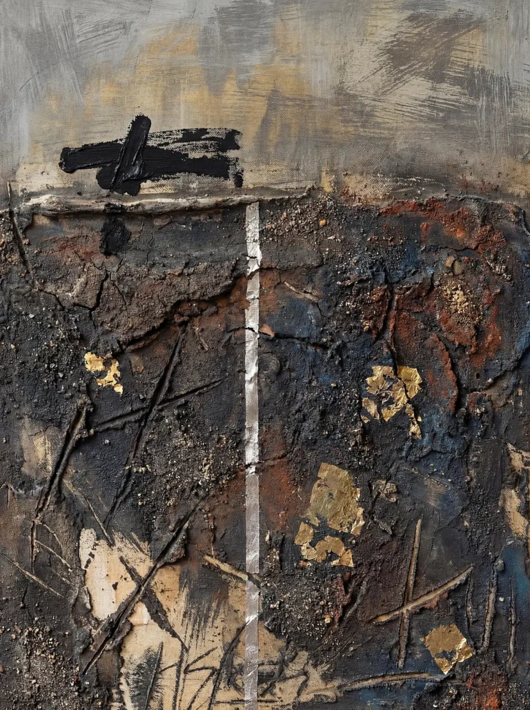 Somber and grounded, this mixed media painting features a thick layer of cracked earth textures punctuated by a crisp silver vertical line and fragments of gold leaf. Artwork by Constantine Cheshire