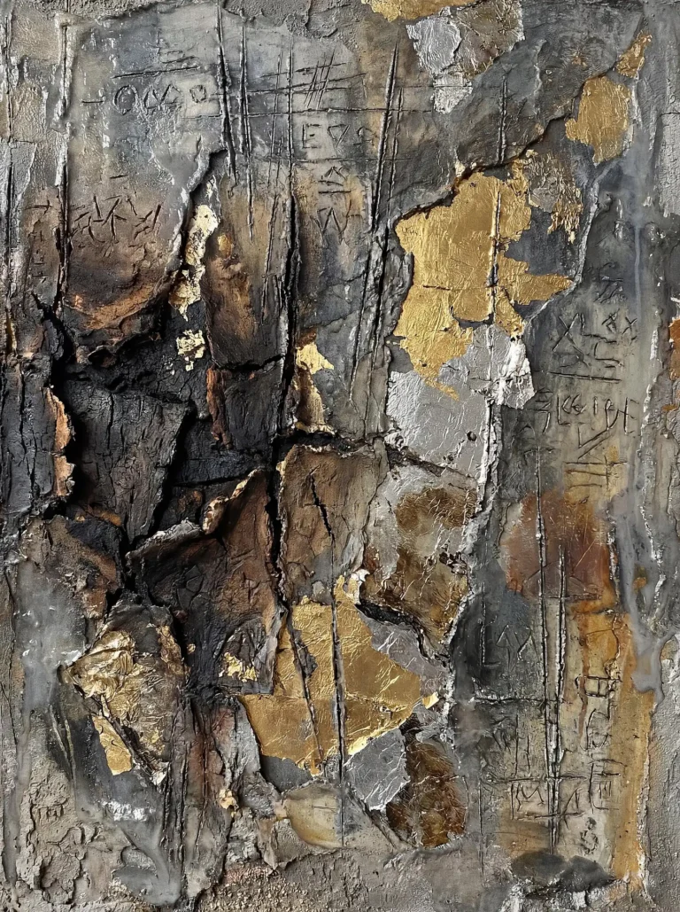 Layered textures and metallic accents create a complex surface in this abstract mixed media piece. The composition combines rough gray plaster with shimmering gold and silver foil, featuring hand-etched cryptic symbols that evoke a sense of ancient history and weathered industrial decay. Artwork by Constantine Cheshire